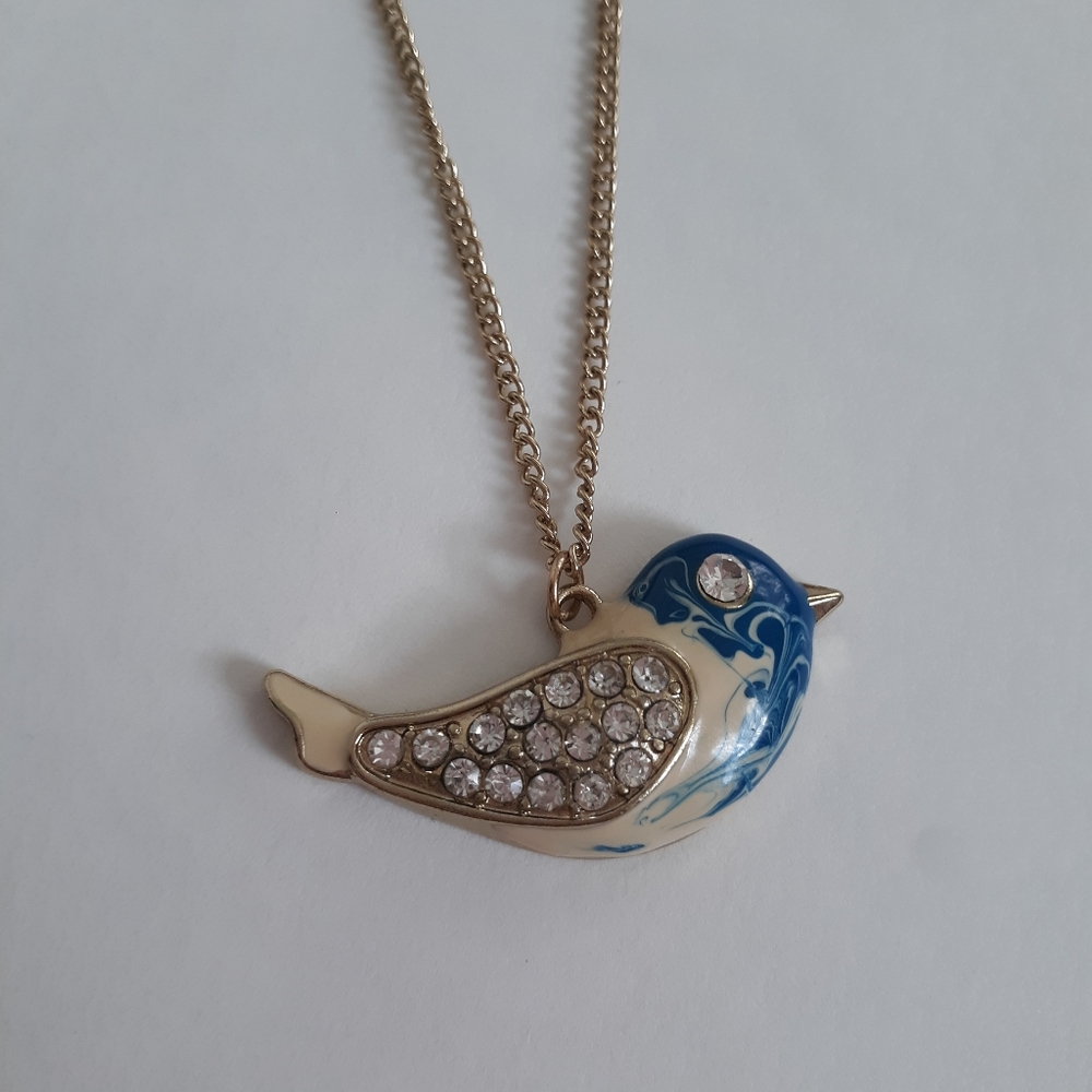 Blue and Cream Bird Necklace on a Long Gold Chain